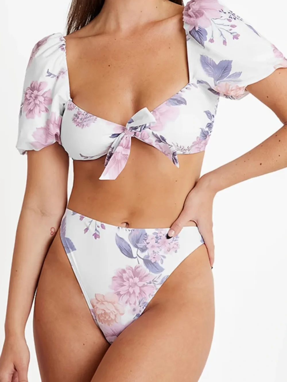 Cupshe XL Eden Floral Puff Sleeve Extra Cheeky High Waist Bikini Set NWT Swim